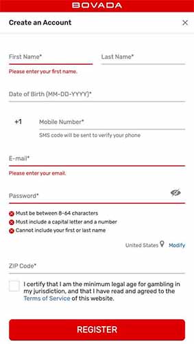 Bovada SIgnup Page