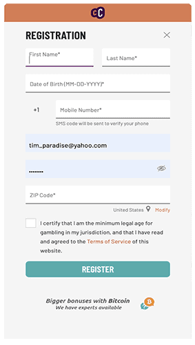 Cafe Casino Registration Form